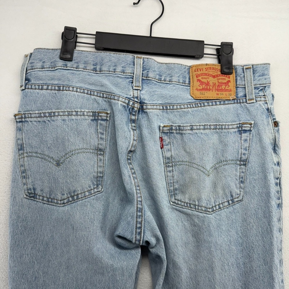 Levis 511 Jeans Mens 34x32 Fits 33x30 Blue Denim Distressed Light Faded Red Tab